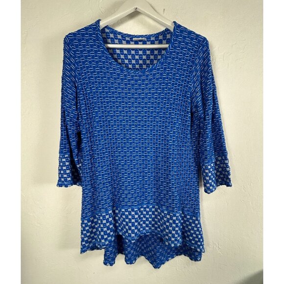CMC Women’s Blue White Textured Knit Tunic Top Large 3/4 Sleeve High-Low Hem - Picture 1 of 7